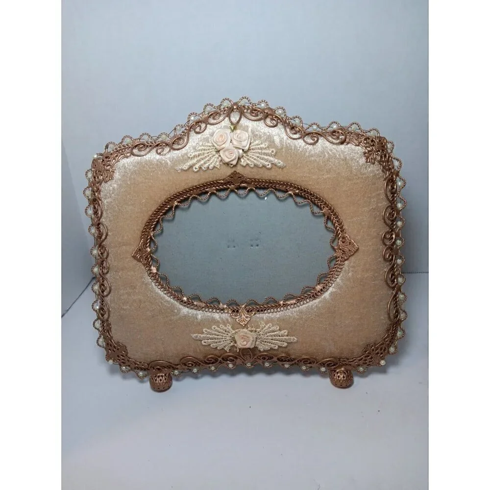 Vintage Victorian Frame Velour With Gold Brass Size 9.5x8 And Trinket Box Set